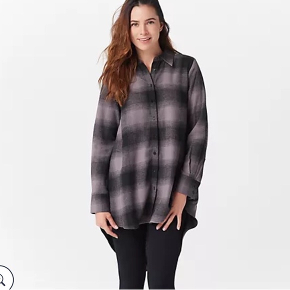 Lisa Rinna Collection Hi Low Plaid Button Down Shirt - Picture 1 of 5